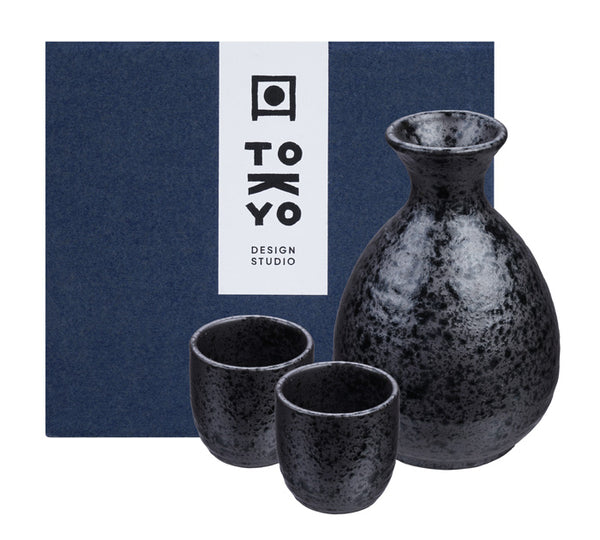 Made in Japan! Sake-Set mit 2 Becher aus Porzellan, mattschwarz