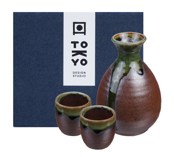 Made in Japan! Sake-Set mit 2 Becher aus Porzellan, rot/grün
